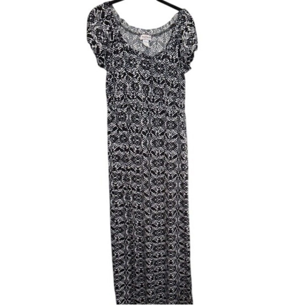 Stitch & Btween‎ Maxi Dress Black White Print Empire Waist Casual Sundress L